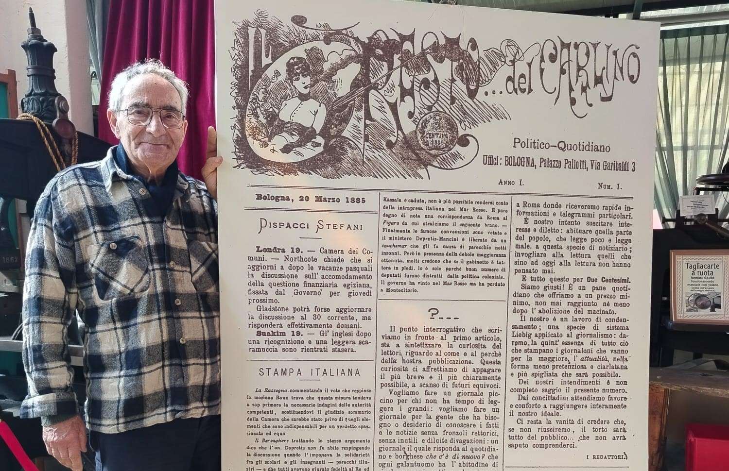 Montaccini e l'ingrandimento della prima pagina de Il Resto Del Carlino 1885